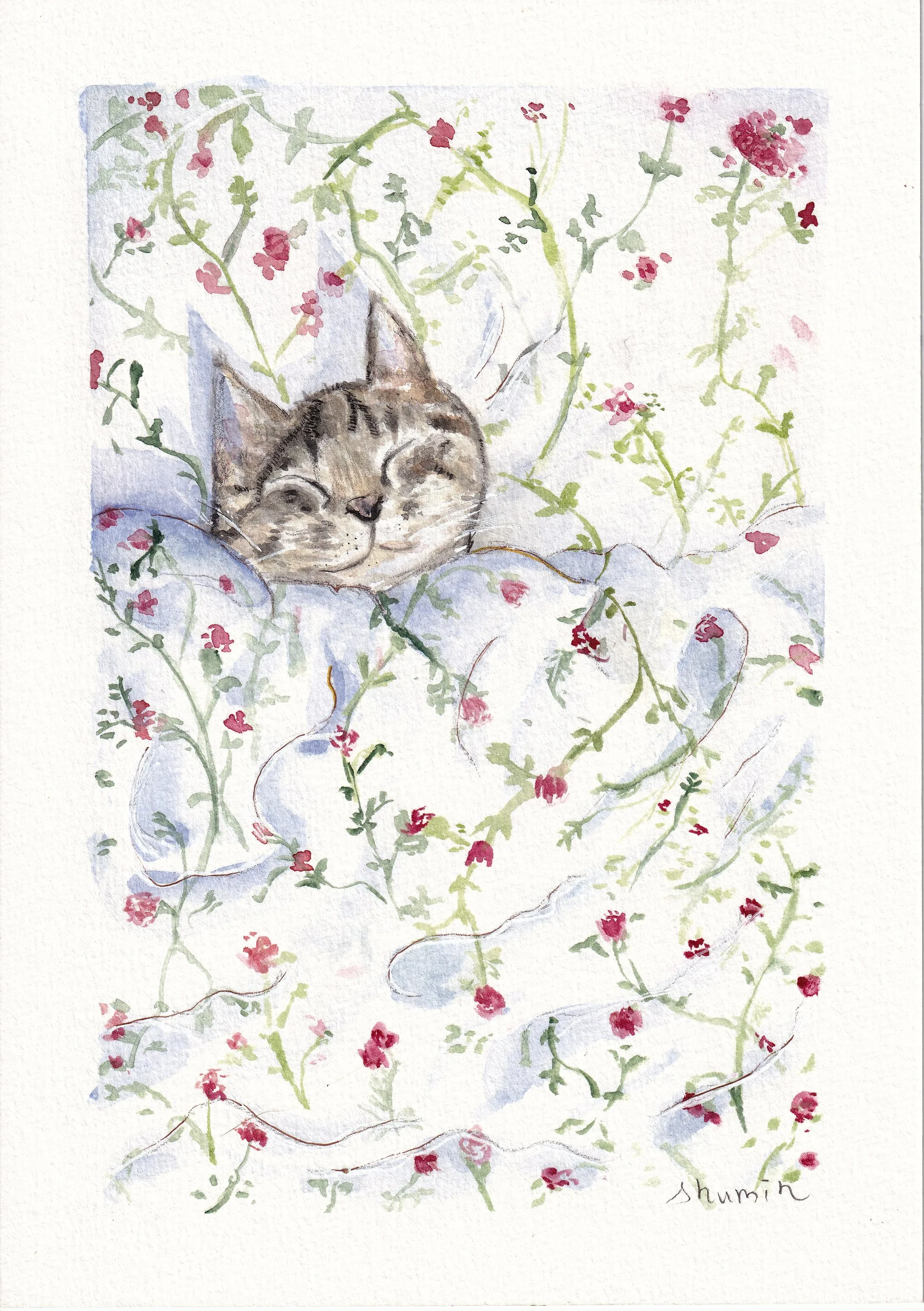 A cat asleep under a floral duvet, a watercolor painting by Shu-Min Yang